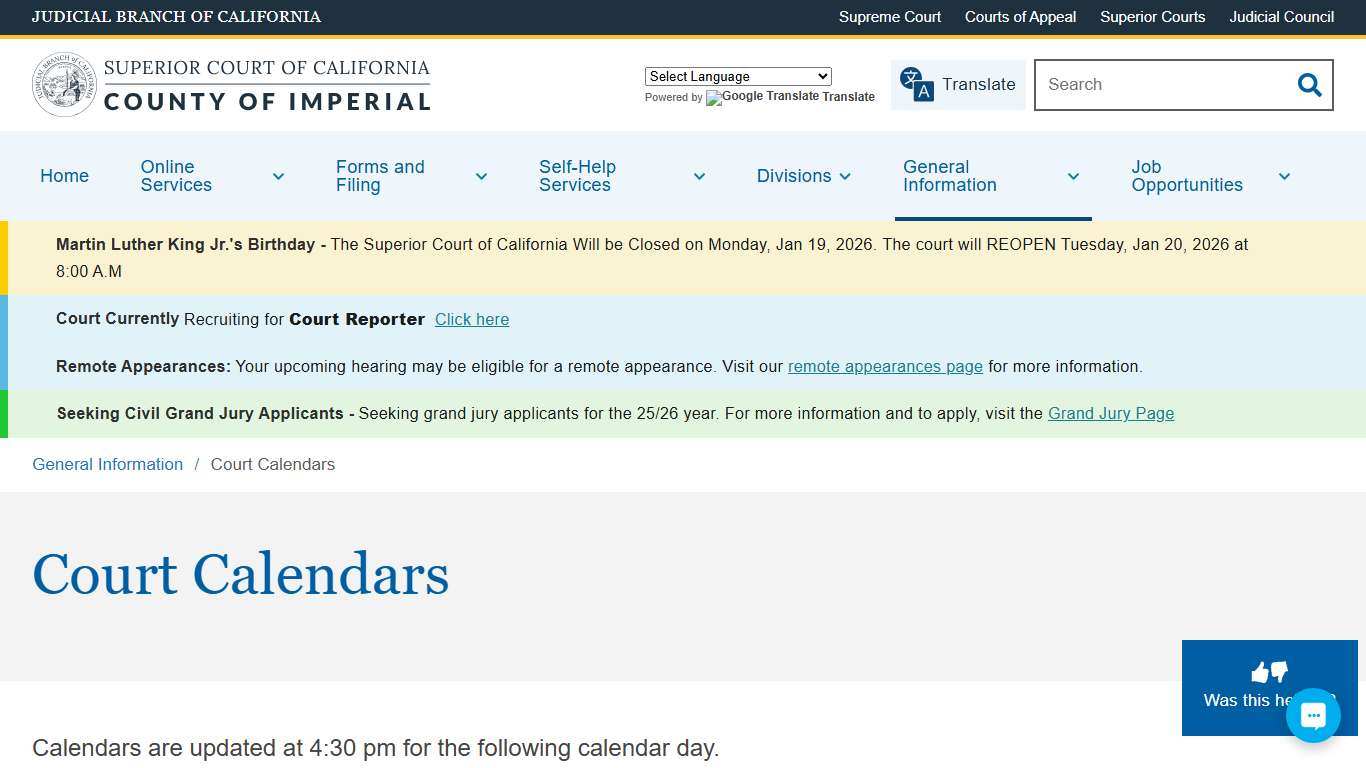 Court Calendars Superior Court of California County of Imperial