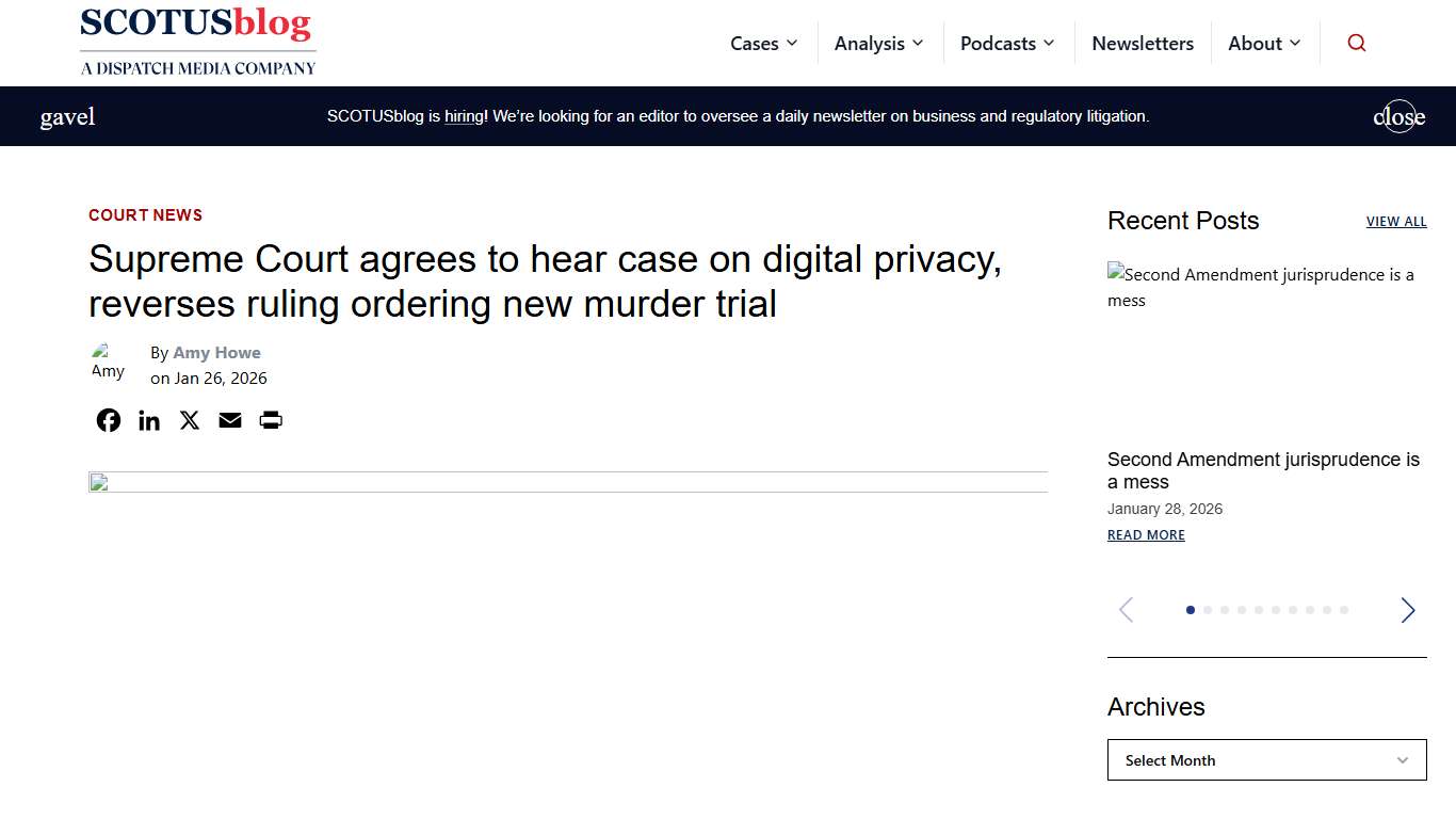 Supreme Court agrees to hear case on digital privacy, reverses ruling ordering new murder trial - SCOTUSblog